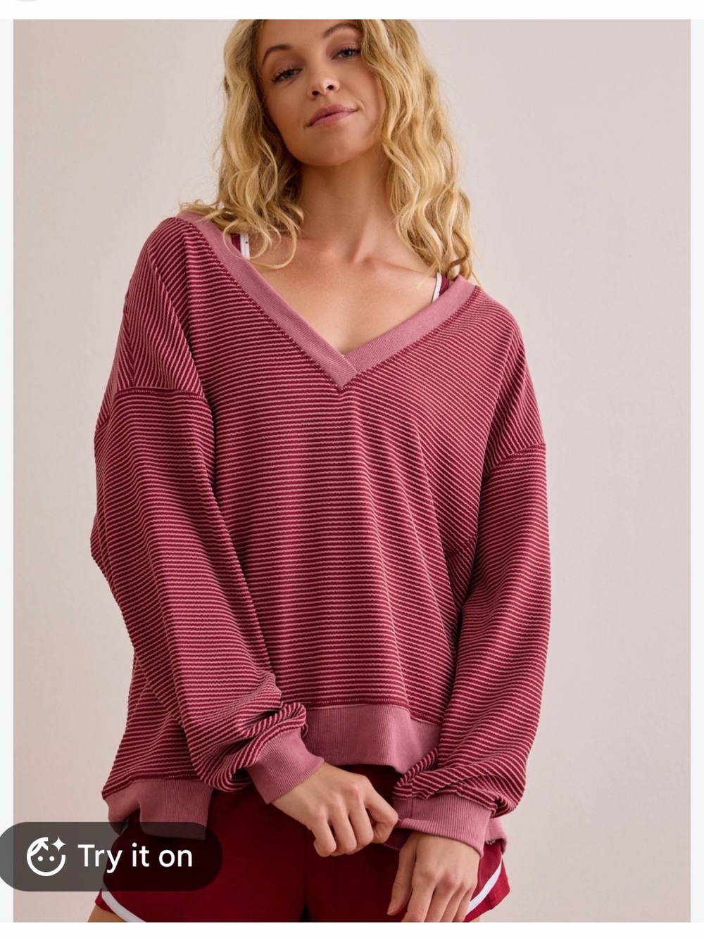 Altar’d State Weekend V Neck Top Size Small Rubbed Burgundy Oversized Shirt